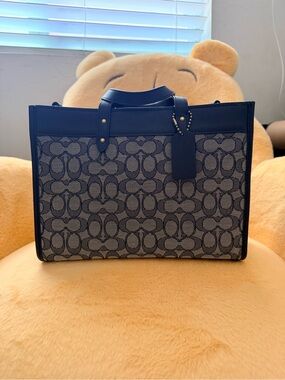 Coach Signature Jacquard Satchel in Navy and Gray